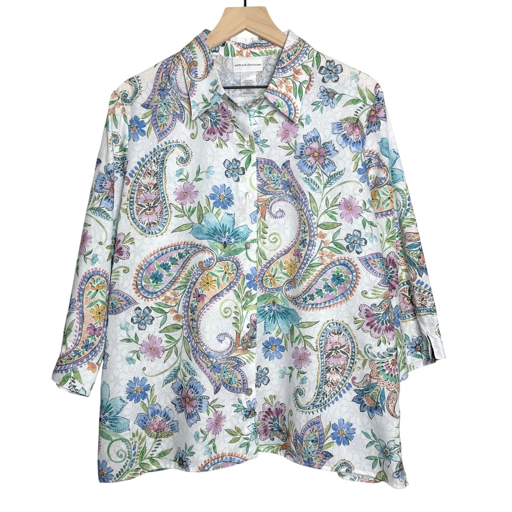Alfred Dunner Womens Button Up Shirt L White Blue Paisley 3/4 Sleeve Office